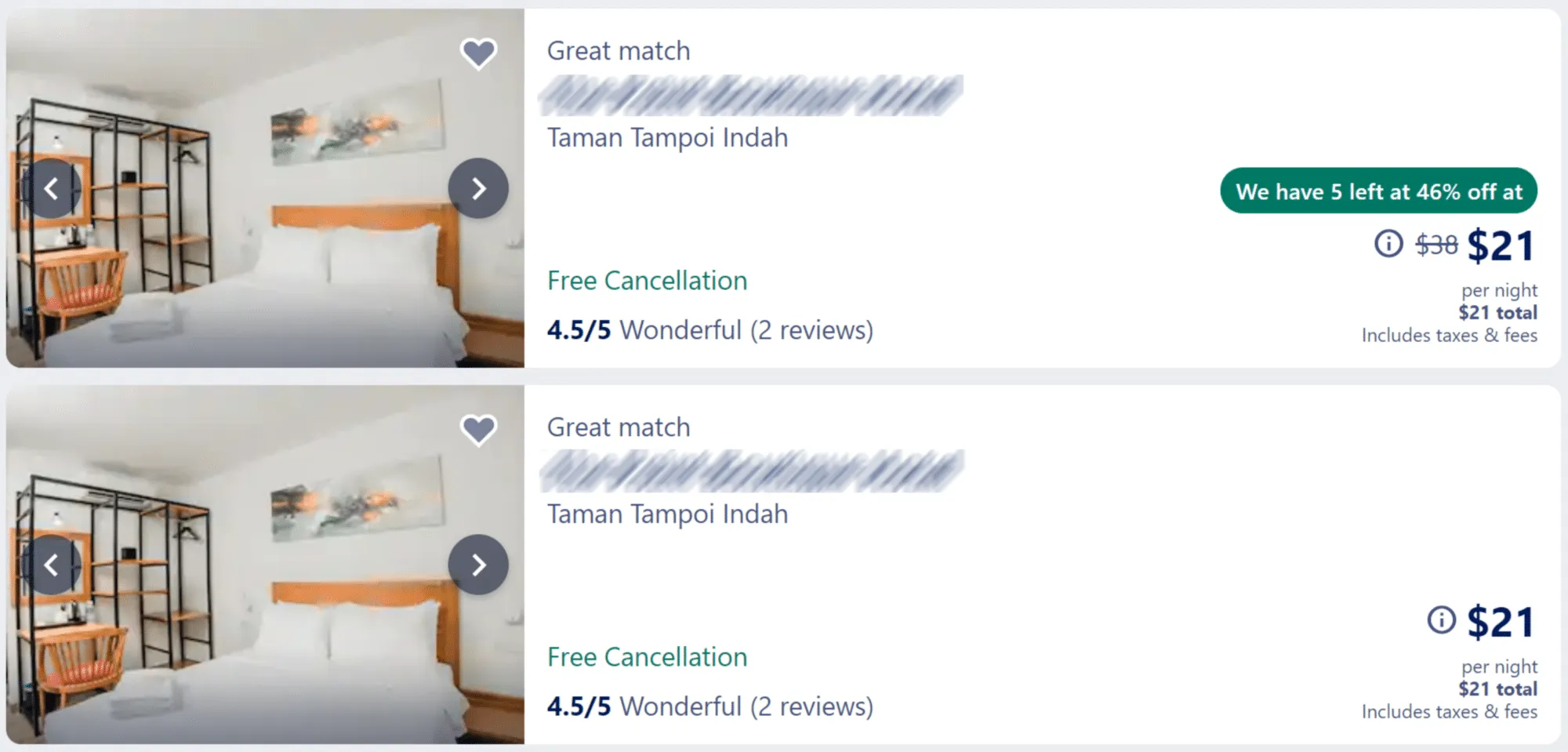 OTA listing showing a hotel with ‘price-slash’ vs. a hotel without ‘price-slash’