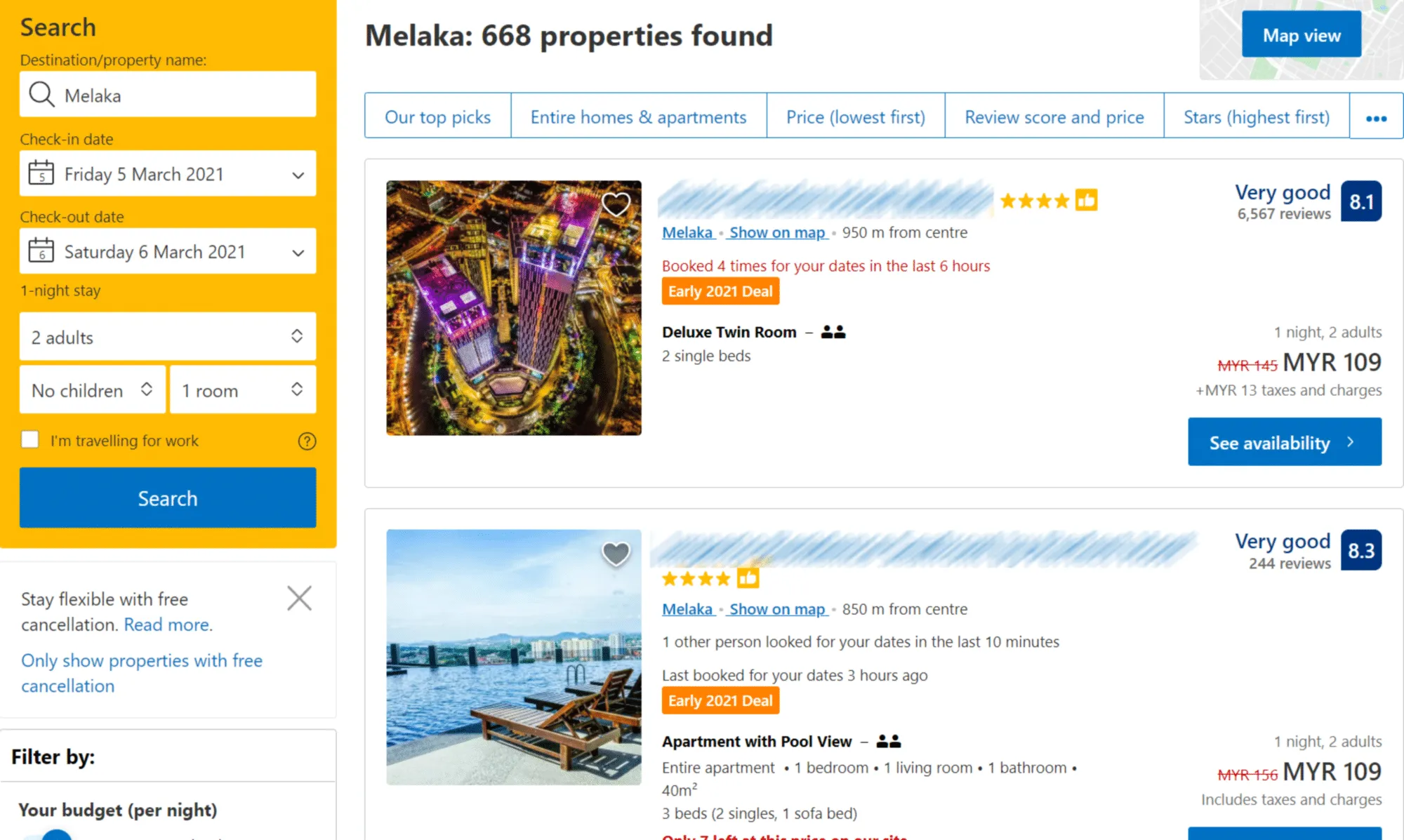 Example of a landing page on Booking.com for markets participating in their “Early 2021 Deals” campaign. Clicking into a specific city brings up all hotels which have joined the campaign.